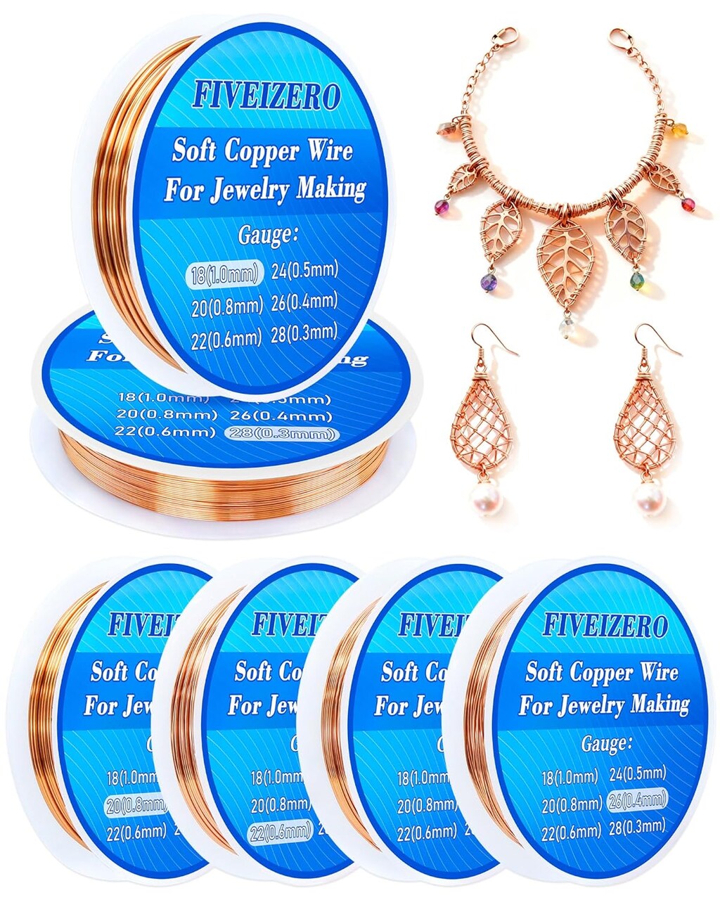 6 Rolls 6 Size Jewelry Making Copper Wire Kit - 18/20/22/24/26/28 Gauge Pure Dead Soft Bare Copper Wire for Electroculture Gardening, Crafting, Beading, Sculpting